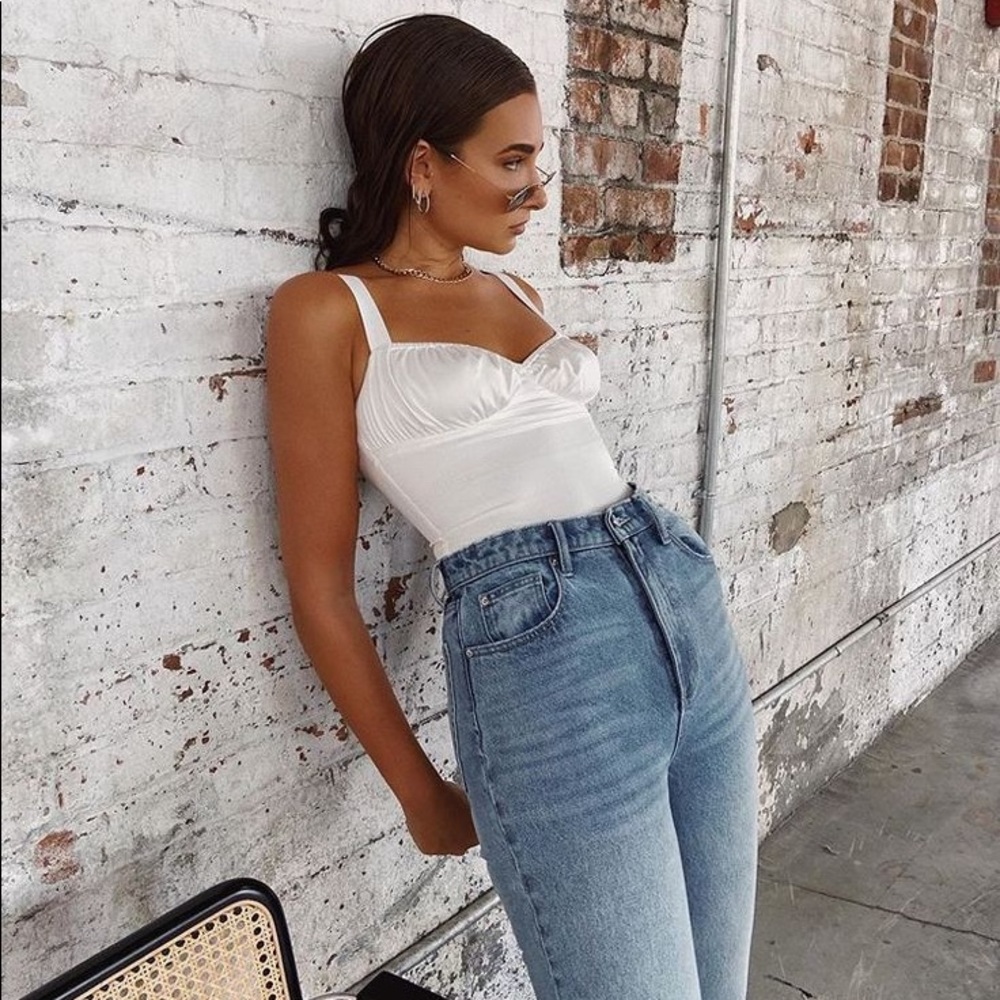 NWT WeWoreWhat White Ruched Satin Bodysuit